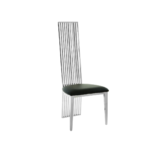 Tall dining chair with a metallic back, black faux leather seat, and sleek tapered legs.