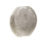 Small antique silver aluminum vase with a textured surface inspired by oak tree growth rings.