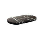Oval black marble serving board with white veining, perfect for elegant dining and decor.
