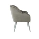 Modern armchair with monochromatic channel-tufted upholstery, sloping armrests, and angled silver-finished wooden legs.