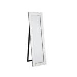 Contemporary floor mirror with off-centre alignment, bevelled edges, and a black velvet frame for a luxurious touch.