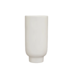 Large white ceramic vase with a cylindrical body and an abstract black face sketch for modern decor.