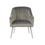 Modern armchair with monochromatic channel-tufted upholstery, sloping armrests, and angled silver-finished wooden legs.