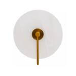 Wall light with a white marble wheel-shaped shade, gold-finish backplate, and sleek metal rods, offering a luxurious and contemporary design.