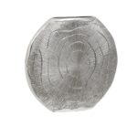 Large antique silver aluminum vase with a textured surface resembling oak tree growth rings.