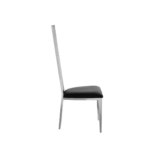 Tall dining chair with a metallic back, black faux leather seat, and sleek tapered legs.