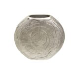 Small antique silver aluminum vase with a textured surface inspired by oak tree growth rings.