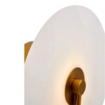 Wall light with a white marble wheel-shaped shade, gold-finish backplate, and sleek metal rods, offering a luxurious and contemporary design.