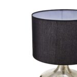 Table lamp with a metallic silver glass base, round metal plate, and black linen shade, perfect for modern interiors.