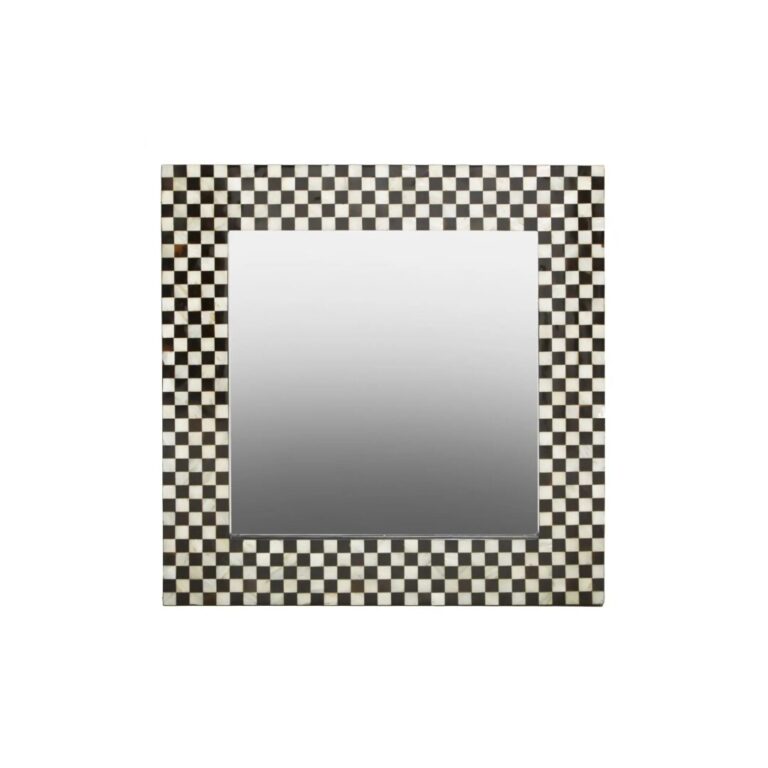 Round wall mirror with a bold black and white mother-of-pearl frame, perfect for adding a modern touch to home decor.