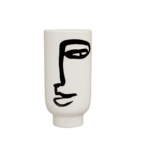 Large white ceramic vase with a cylindrical body and an abstract black face sketch for modern decor.