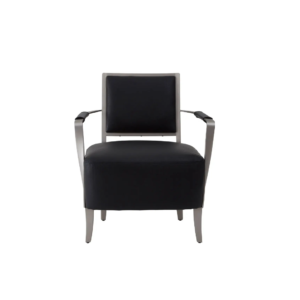 Black leather chair with a brushed stainless steel frame, expansive seating area, and modern design.