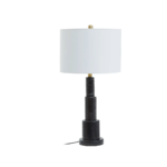 Sleek three-tiered table lamp with a black marble base, ivory shade, and warm metallic column, perfect for contemporary and modern interiors.
