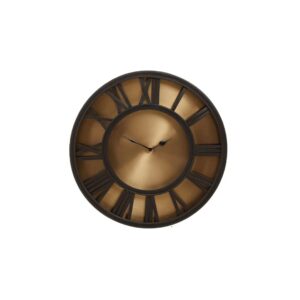 Small wall clock with an antique gold face, sleek black frame, and Roman numerals, ideal for modern and traditional interiors.