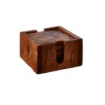 Set of four olive wood square coasters with rich grain patterns, stored in a matching acacia wood holder.