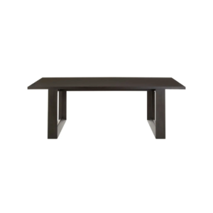 Modern dining table with a dark oak veneer rectangular top and double pedestal natural wood sledge legs.