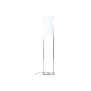 Minimalist floor lamp with a satin nickel frame and a suspended white cylindrical fabric shade, ideal for Scandinavian and modern interiors.