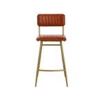 Tan leather barstool with vertical channel tufting and a sleek gold-finished angular iron frame.