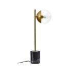 Contemporary gold table lamp with a clear glass globe and a black marble base, ideal for modern and mid-century interiors.