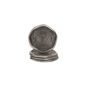 Set of four silver aluminum coin-shaped coasters with oak-textured surfaces and a polished finish.