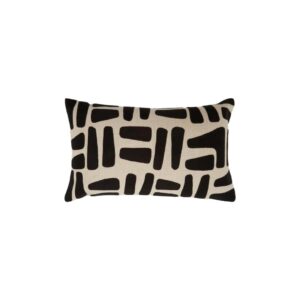 Rectangular black and natural cotton cushion with tribal geometric patterns, designed to complement boho-inspired interiors.