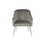 Modern armchair with monochromatic channel-tufted upholstery, sloping armrests, and angled silver-finished wooden legs.