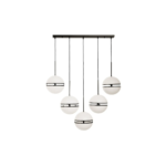 Modern black pendant light with five spherical lampshades and matte black metalwork, ideal for contemporary and industrial interiors.