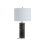 Sophisticated table lamp with a black marble column, chrome-finish base, and ivory shade, perfect for modern and industrial interiors.