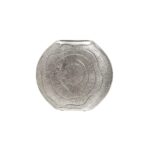 Small antique silver aluminum vase with a textured surface inspired by oak tree growth rings.