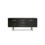 Rectangular black elm wood sideboard with three central drawers, two cupboards, and U-shaped metal legs.