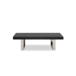 Black elm wood coffee table with a rectangular top and sturdy stainless steel legs for a modern industrial design.