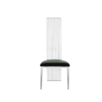 Tall dining chair with a metallic back, black faux leather seat, and sleek tapered legs.