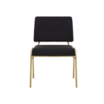 Black linen dining chair with a gold-finished metal frame, square padded backrest, and armless angular design.