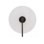 Wall light with a white marble wheel-shaped shade, matte black backplate, and metal rods, offering modern and elegant lighting.