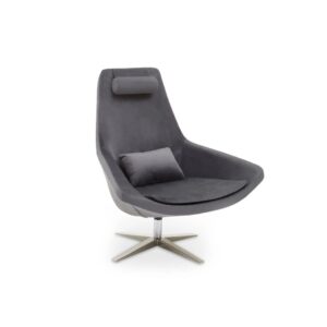 Grey velvet armchair with a silver star base, backrest cushion, and neck support, combining comfort and modern elegance.