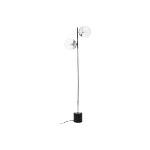 Modern silver floor lamp with two clear glass globes and a black marble base, perfect for contemporary and minimalist interiors.