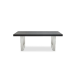 Modern dining table with a black elm wood rectangular top and U-shaped stainless steel legs for an industrial design.