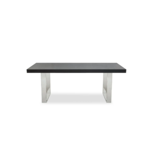 Modern dining table with a black elm wood rectangular top and U-shaped stainless steel legs for an industrial design.