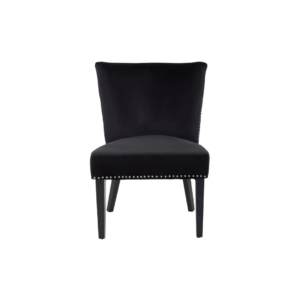 Black velvet dining chair with a wingback design, deep-cushioned seat, black wood legs, and stud detail trim.