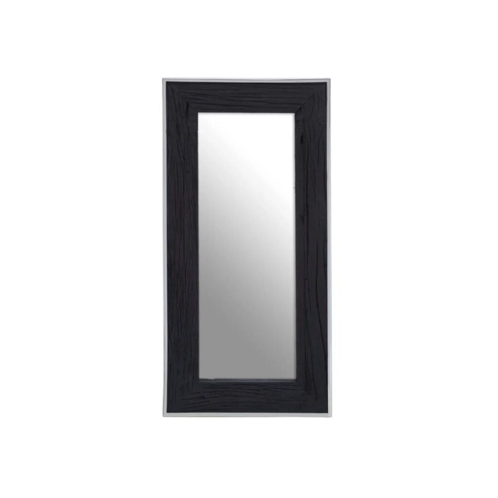Rectangular mirror with a black wood frame and silver-lined edges for a sleek modern design.