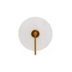 Wall light with a white marble wheel-shaped shade, gold-finish backplate, and sleek metal rods, offering a luxurious and contemporary design.