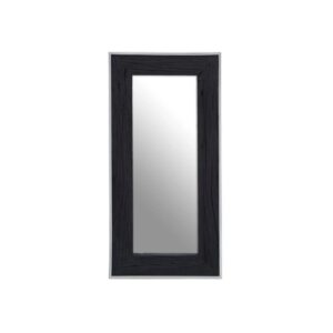 Rectangular mirror with a black wood frame and silver-lined edges for a sleek modern design.