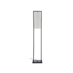 Sleek black floor lamp with a rectangular metal frame and a suspended white linen cylindrical shade, perfect for modern interiors.