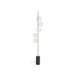 Sleek brass floor lamp with five spherical lampshades and a sturdy black marble base, ideal for contemporary interiors.
