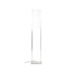 Minimalist floor lamp with a satin nickel frame and a suspended white cylindrical fabric shade, ideal for Scandinavian and modern interiors.