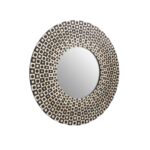 Round wall mirror with a black and gold geometric sculpted border, perfect for enhancing modern and eclectic décors.