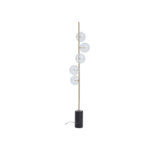 Sleek brass floor lamp with five spherical lampshades and a sturdy black marble base, ideal for contemporary interiors.
