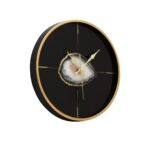 Modern round wall clock with a black finish, gold markers, and a natural agate slice centrepiece, perfect for contemporary interiors.