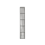 Black iron bookshelf with vertical rods and clear glass shelves, perfect for modern and minimalist interiors.