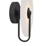 Wall light with a white marble wheel-shaped shade, matte black backplate, and metal rods, offering modern and elegant lighting.